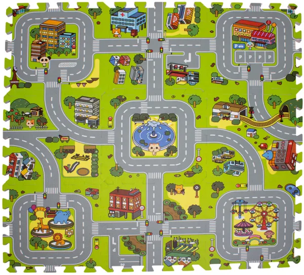 Lekmatta med väg och stad skum. 9 rutor