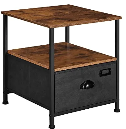 SONGMICS nattduksbord, med 2 hyllor och 1 låda - rustik brun MDF och svart imiterat mocka/metall (41x41)